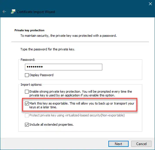 Microsoft Certificate Import Wizard where the key marked as exportable
